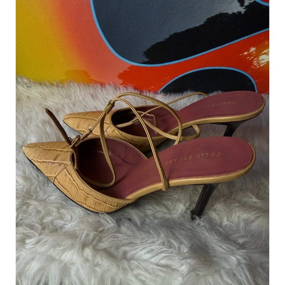 Colin‎ Stuart Tan Croc Embossed Leather Pointed Toe Ankle Wrap Heels Size 8
